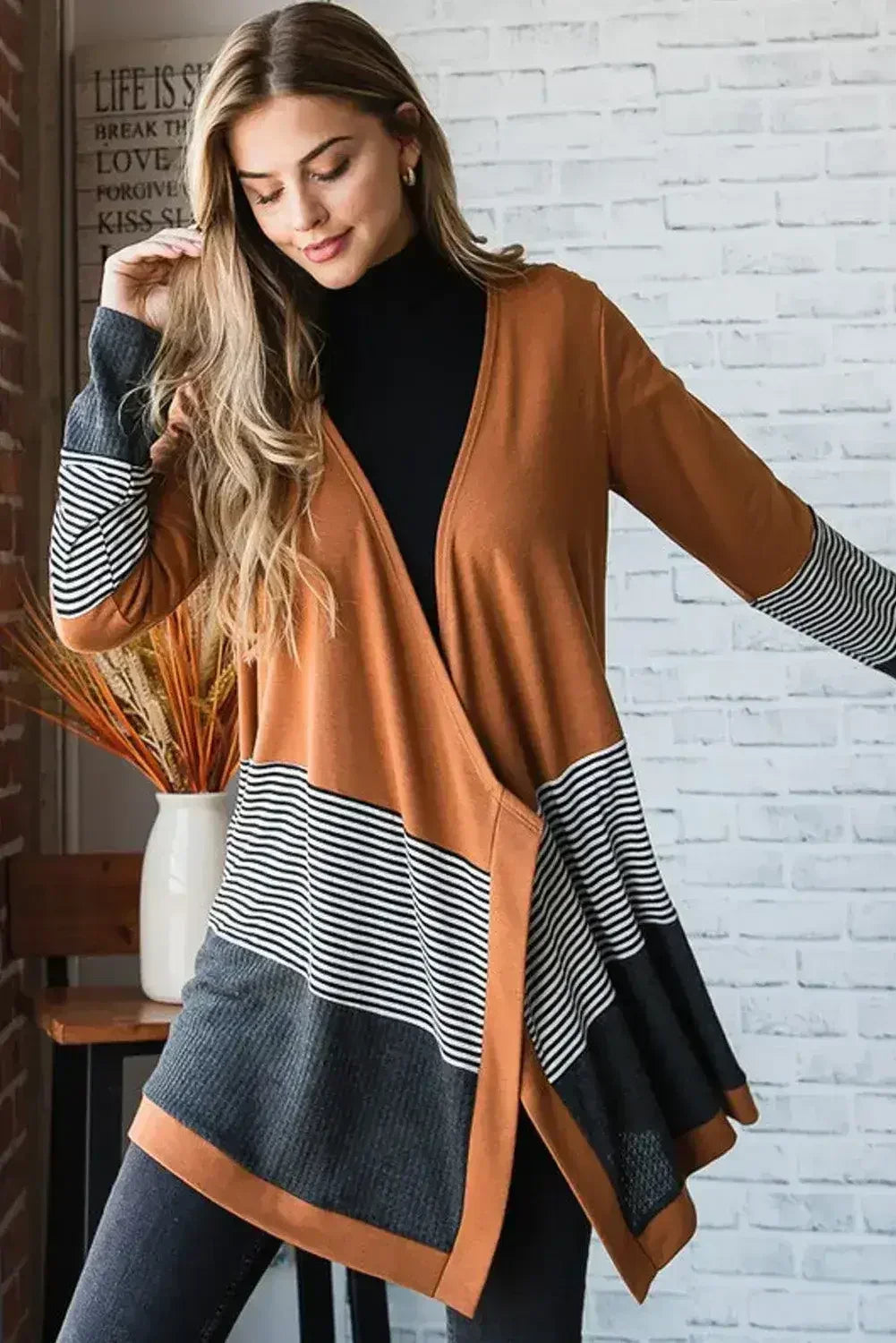 Gilet ouvert patchwork rayé color-block orange