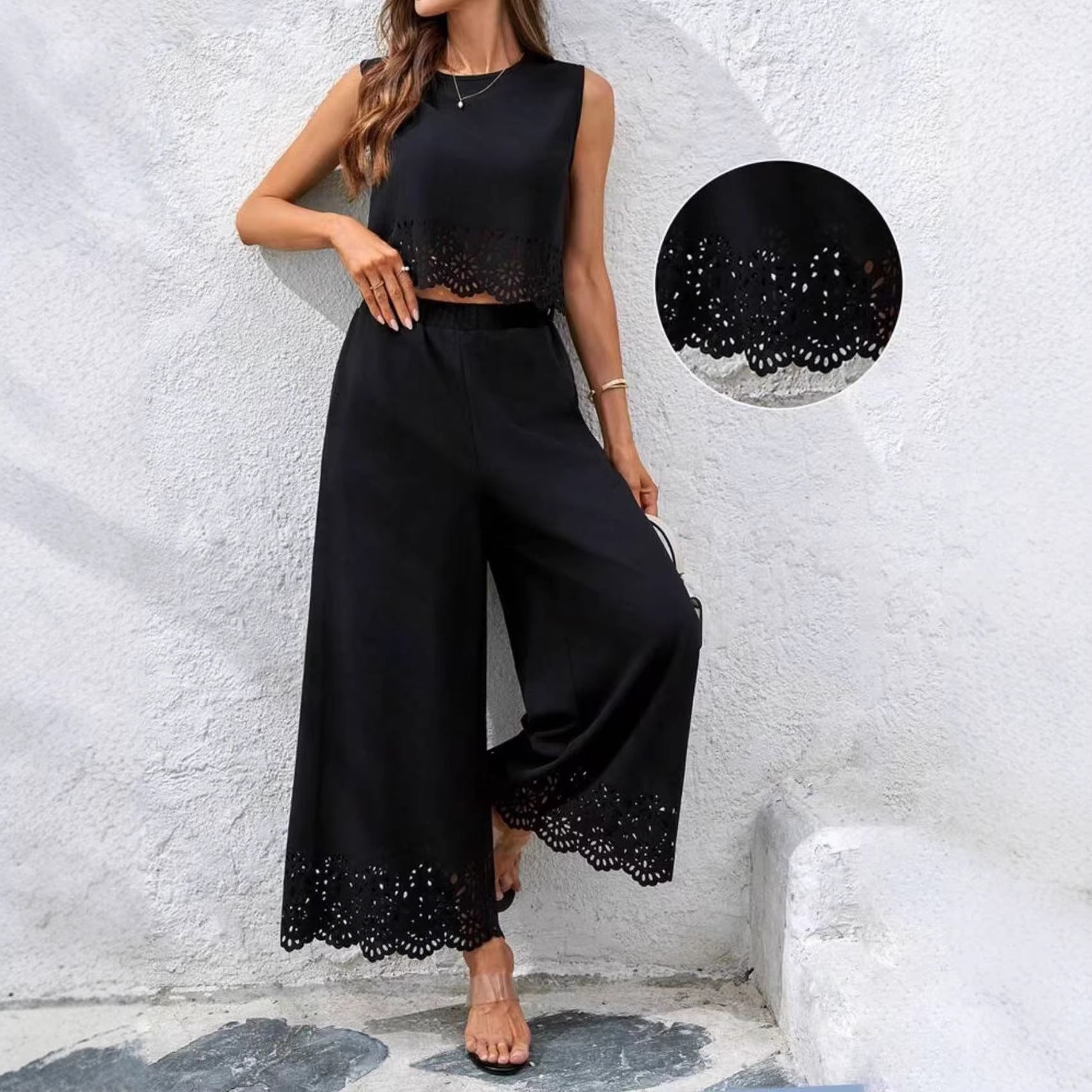 Ensemble 2 pièces débardeur ajouré et pantalon de style balnéaire pour femme – avec poches