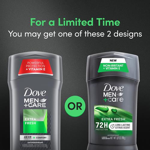 Dove Men+Care Extra Fresh Anti-transpirant Déodorant en Stick Homme Extra Fresh Lot de 2 avec Protection Contre la Transpiration et les Odeurs 72h avec ¼ de Crème Hydratante et Parfum d'Agrumes Longue Durée 76 g