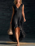 Robe longue en coton et lin sans manches à col en V et ourlet à volants pour femme