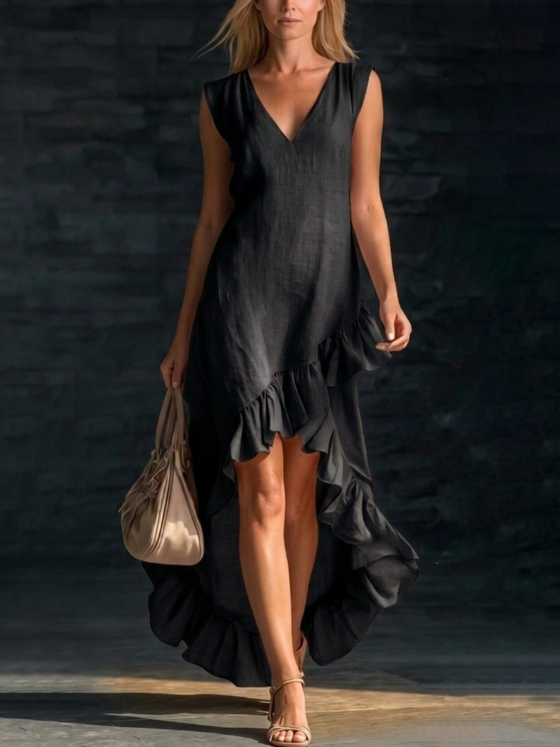 Robe longue en coton et lin sans manches à col en V et ourlet à volants pour femme