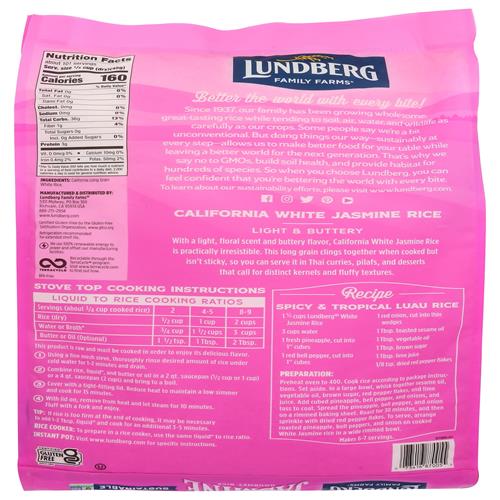Lundberg Family Farms - Riz Jasmin Blanc, Riz en Vrac à Grains Longs de Qualité Supérieure, Texture Non Collante, Cultivé en Californie, Saveur Légère et Beurrée, Arôme Agréable, Sans Gluten, Sans OGM, Végétalien, Casher (4,5 kg) -