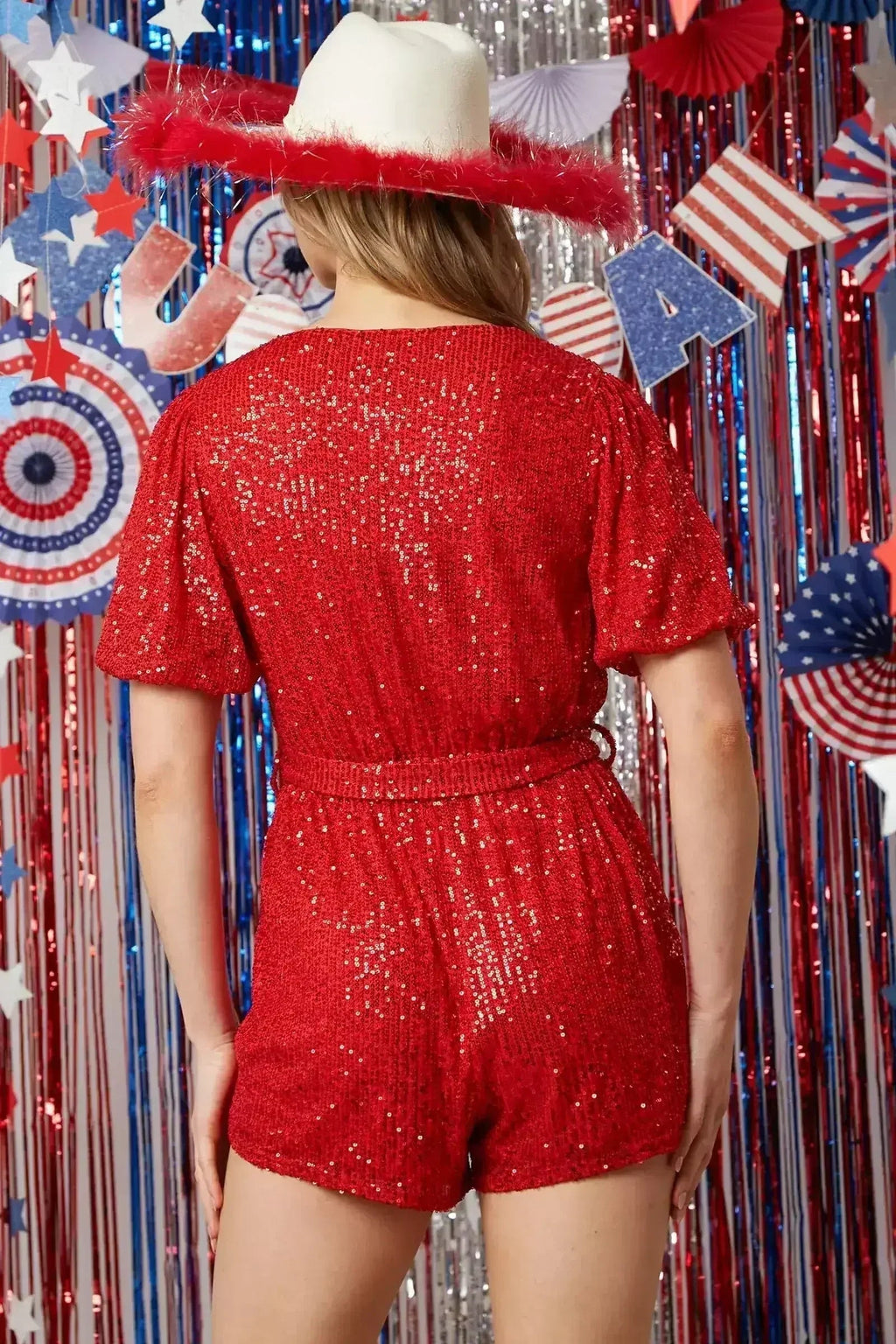 Combishort à Sequins avec Manches Courtes Bouffantes Rouge [Tailles SM-L]