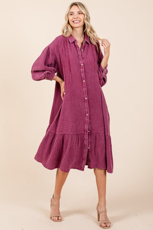 Robe chemise midi à volants en gaze de coton délavé pour femme – Robe boutonnée décontractée et féminine avec détails à volants