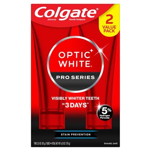 Dentifrice blanchissant Colgate Optic White Pro Series avec 5 % de peroxyde d'hydrogène, prévention des taches, tube de 85 g, paquet de 2
