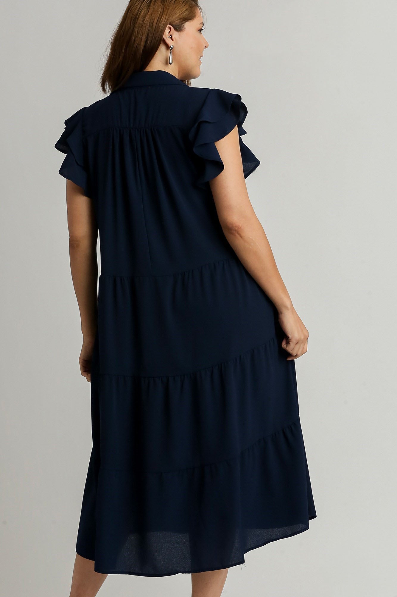 Robe féminine classique à manches volantées bleu marine grande taille mode douce
