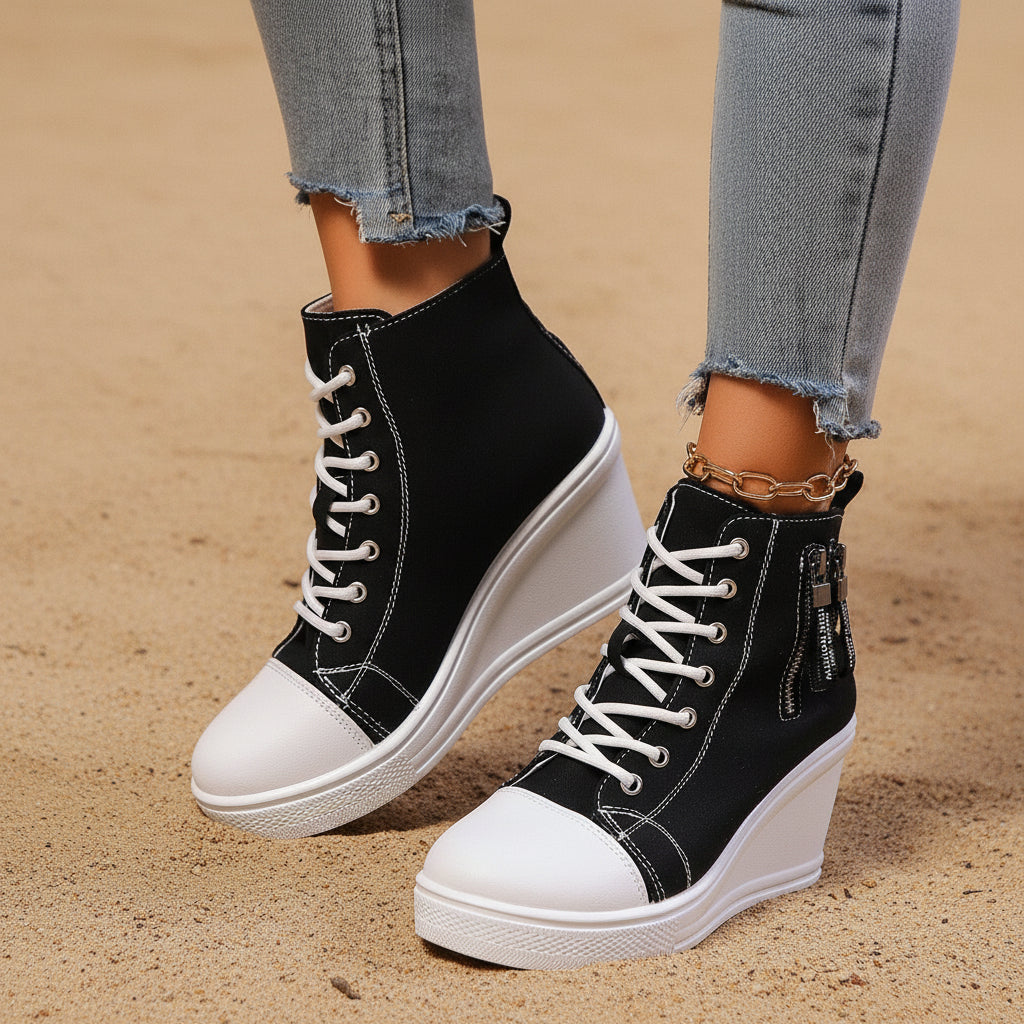 Baskets compensées en toile à lacets pour femmes
