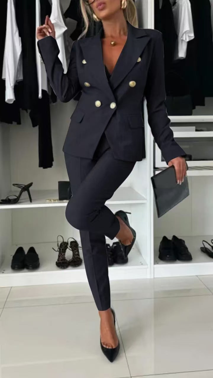 Ensemble blazer croisé à revers et pantalon zippé