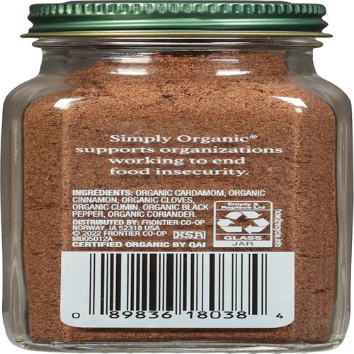 Simply Organic Garam Masala, pot de 85 g, mélange d'épices du nord de l'Inde, richement épicé mais non piquant, casher, sans OGM