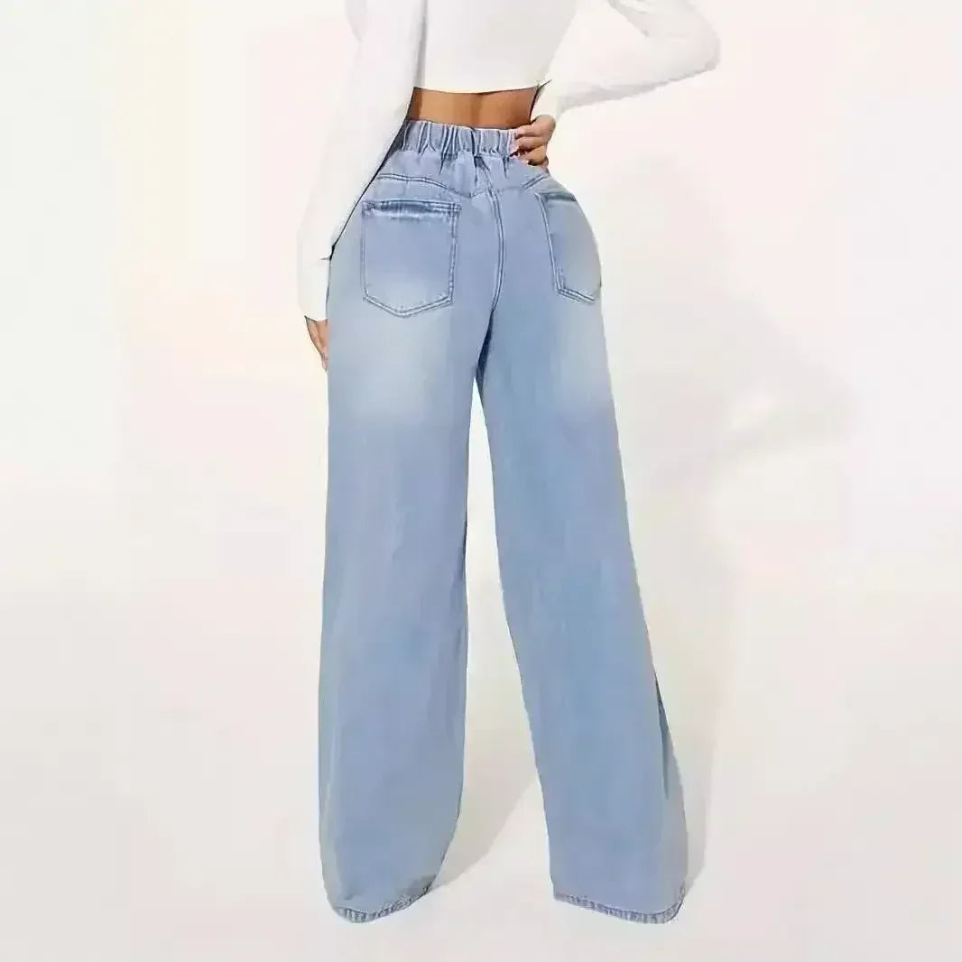25ème édition – Jean large taille haute à cordon de serrage – Bleu clair