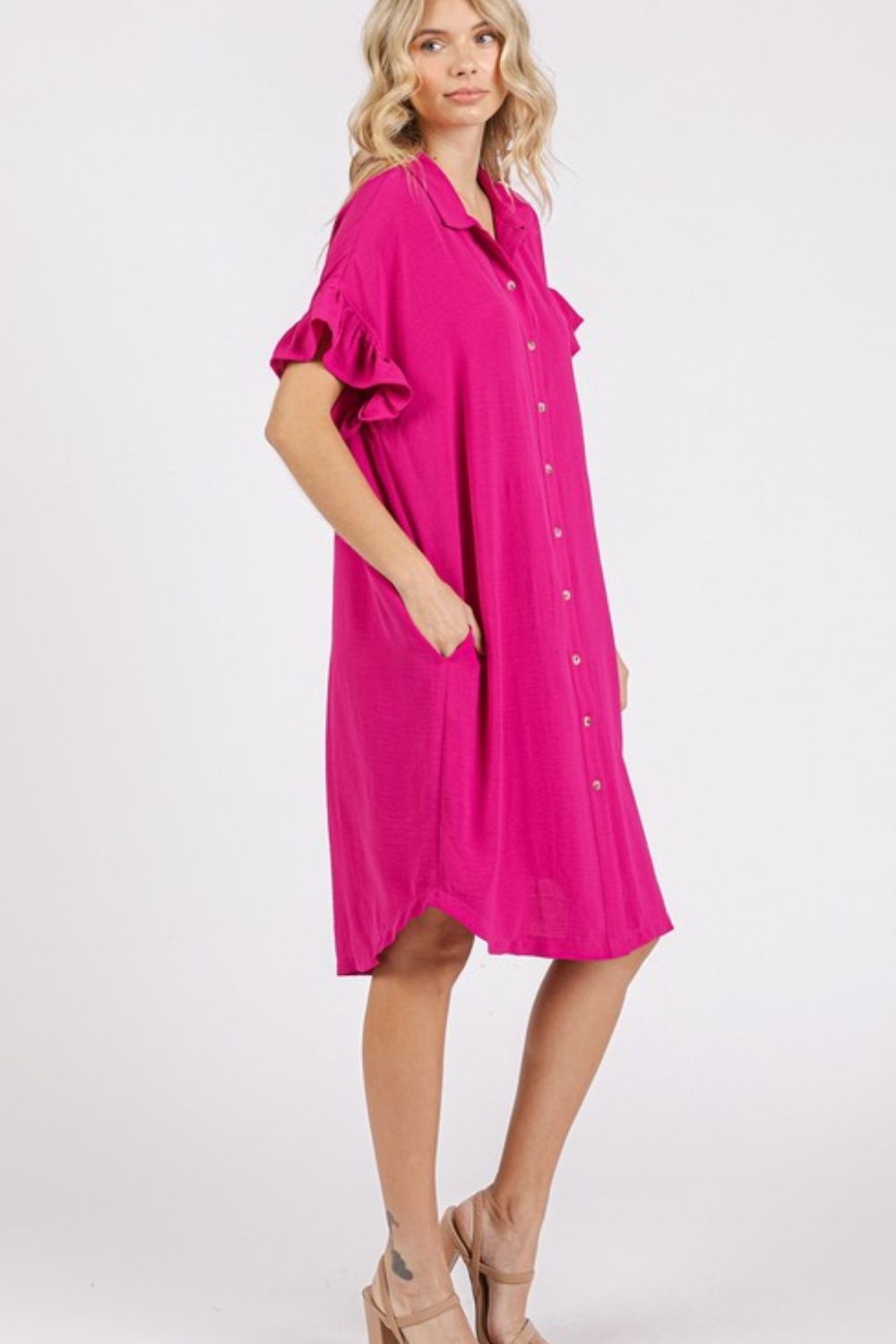 Nouvelle Robe Boutonnée à Manches Volantes avec Poches pour Femme – Tendance, Décontractée, Féminine, Pratique & Design Élégant pour Toute Occasion