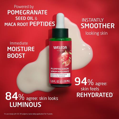 Sérum repulpant pour le visage Weleda, sérum végétal riche en peptides de grenade et de racine de maca