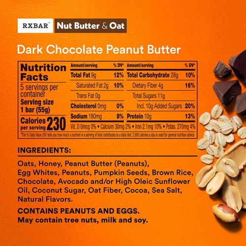 Rxbar Barres protéinées aux noix et avoine, collations protéinées, barres de collation, beurre de cacahuète chocolat noir, boîte de 275 g (5 barres)