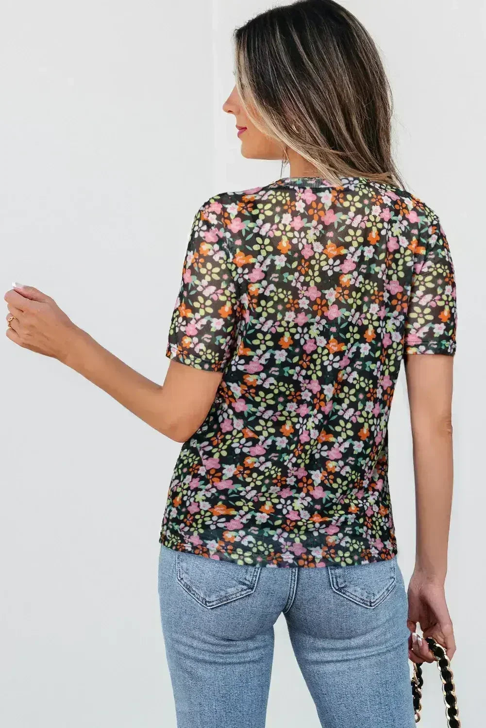 T-shirt noir transparent en maille à motif floral avec col rond et camisole