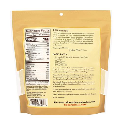 Farine de semoule pour pâtes Bob's Red Mill, 680 g (Lot de 1) - Vegan, Casher
