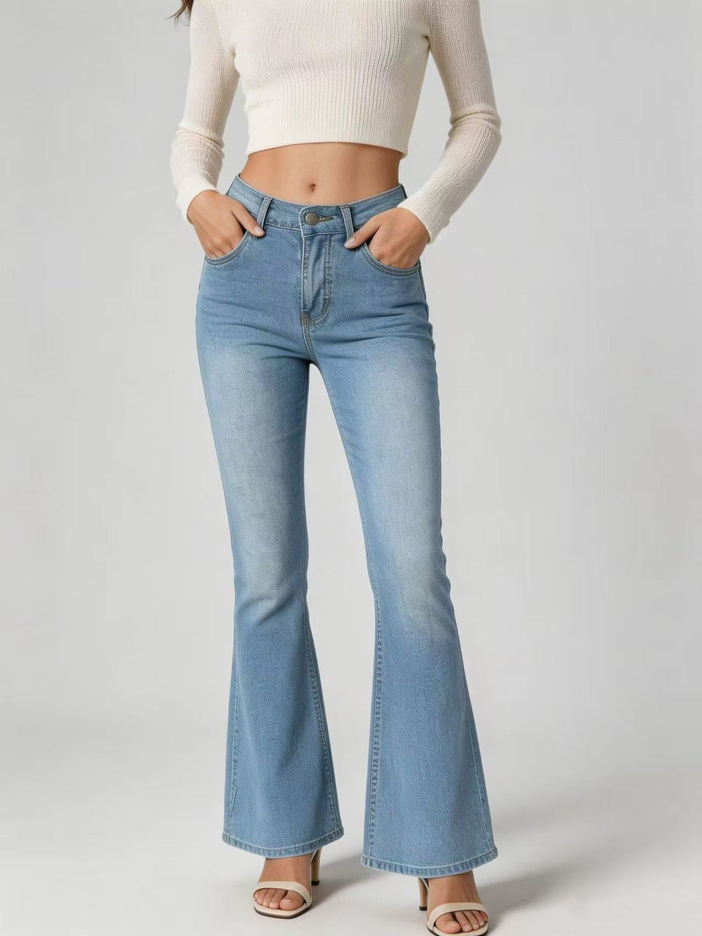 Jeans fuselés taille haute légèrement évasés pour femme – Pantalon en jean pleine longueur