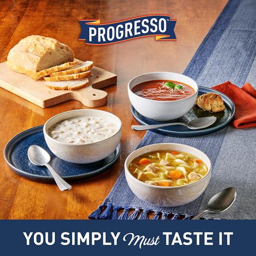 Soupe Progresso traditionnelle crémeuse poulet et champignons avec orge, 524 g.