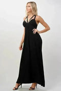 Robe longue décolleté en V et fines bretelles croisées Fluide - Femstylo