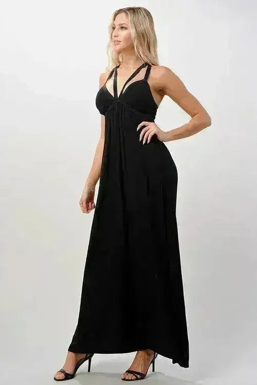 Robe longue décolleté en V et fines bretelles croisées Fluide - Femstylo