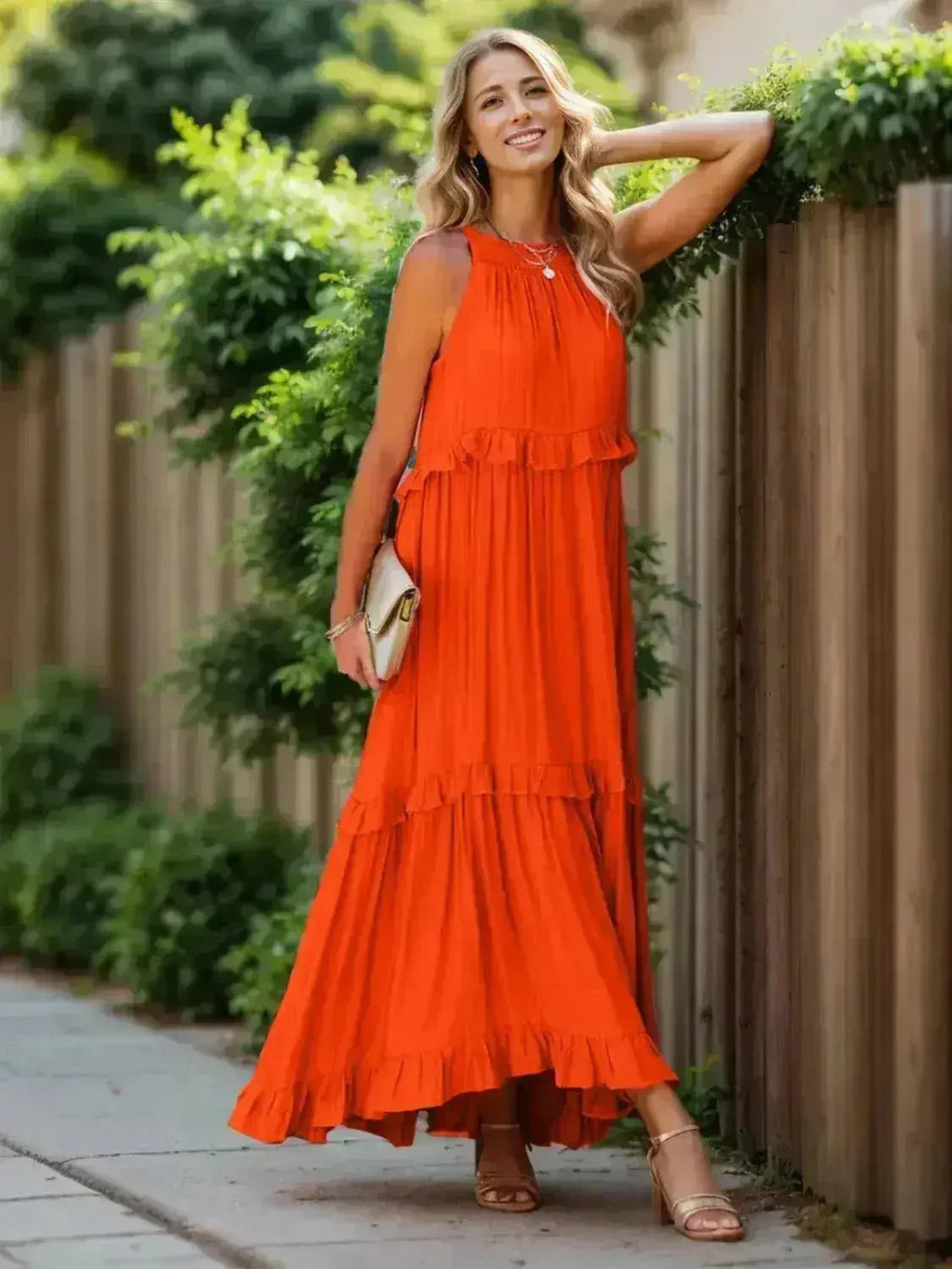 Robe longue étagée sans manches à volants avec poches