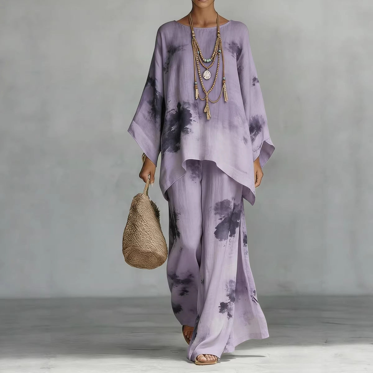 Ensemble deux pièces en lin de bambou à imprimé floral | Pantalon large