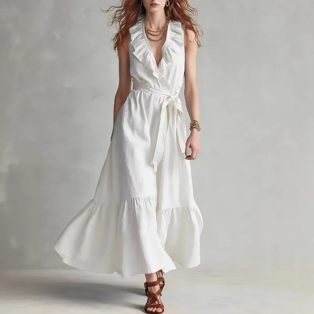 Robe longue sans manches évasée à col en V et laçage empiècements – Femme