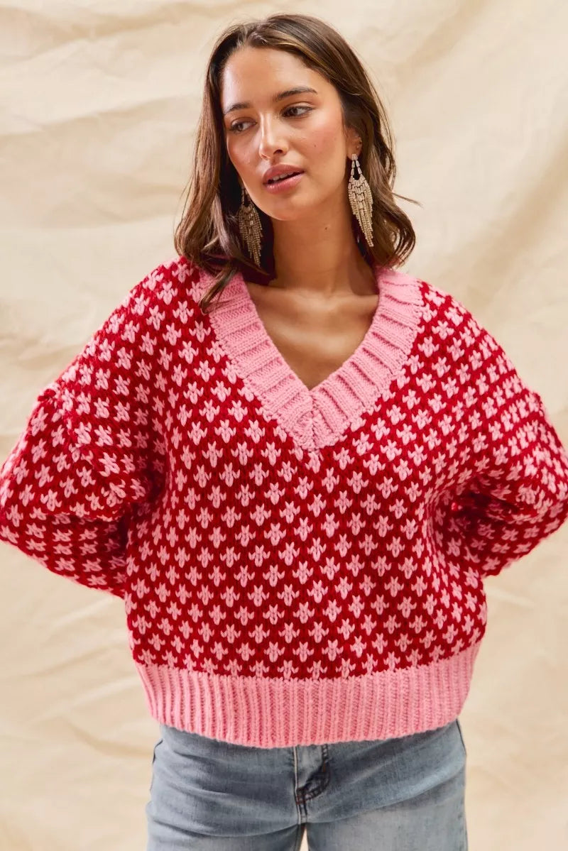 SO ME Pull de Noël texturé à blocs de couleurs avec décolleté en V