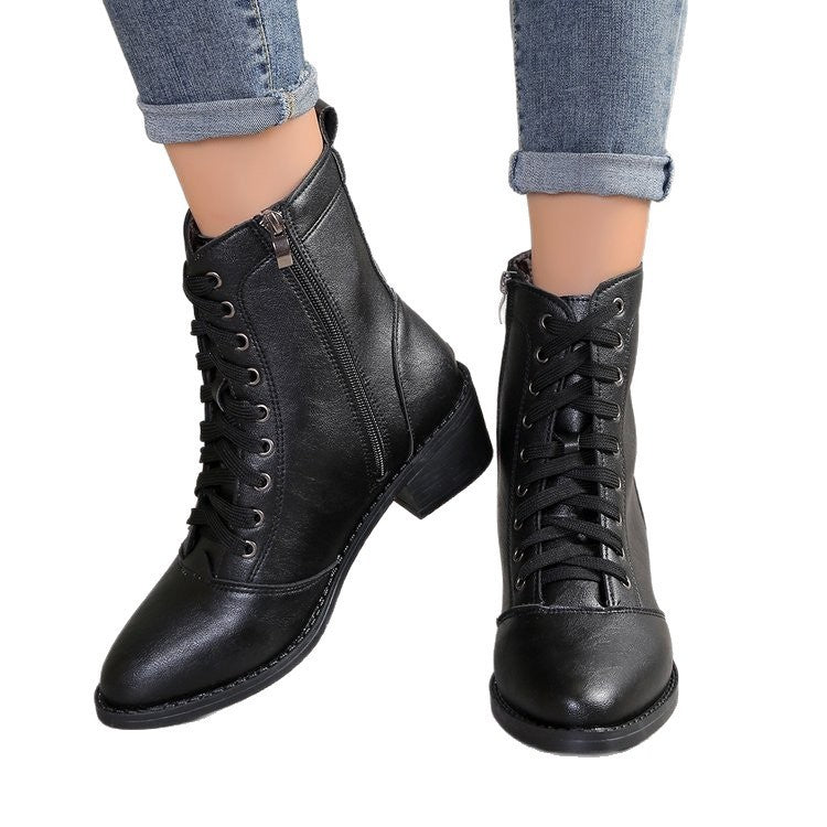 Bottes montantes en cuir zippées style britannique — Bottes de mode tendance pour femme