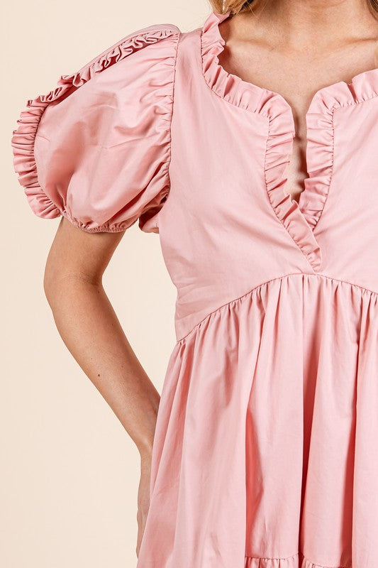 Robe mi-longue babydoll étagée à manches bouffantes et volants – Robe mi-longue babydoll légère, adorable, élégante, féminine et tendance avec volants et manches bouffantes