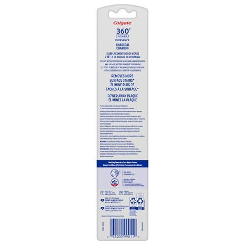 Têtes de rechange pour brosse à dents électrique au charbon actif 360 de Colgate, compatibles avec toute brosse à dents à pile 360, dotées de poils souples et d'un polissoir en caoutchouc sur chaque tête de rechange, paquet de 2
