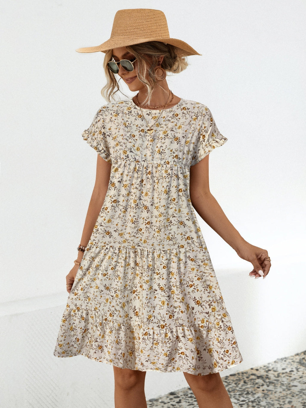 Robe Fleurie Col Rond Manches Courtes Élégante et Décontractée pour Tous les Jours Robe Femme