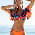 Ensemble de bikini à volants Bloom Day – Maillot de bain chic et élégant à imprimé végétal avec col en V, dos noué et bordure à volants très extensible – Maillot de bain 2 pièces pour femmes, idéal pour la piscine et les célébrations de l'Épiphanie