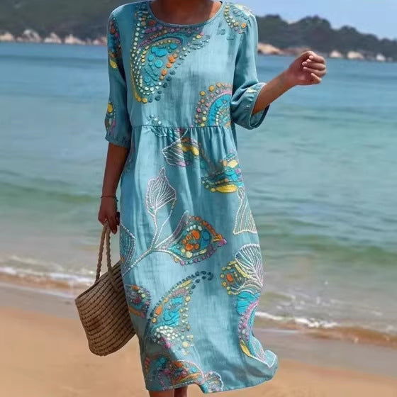 Robe trapèze à manches longues et imprimé floral 3D pour femme – Col rond coupe ample