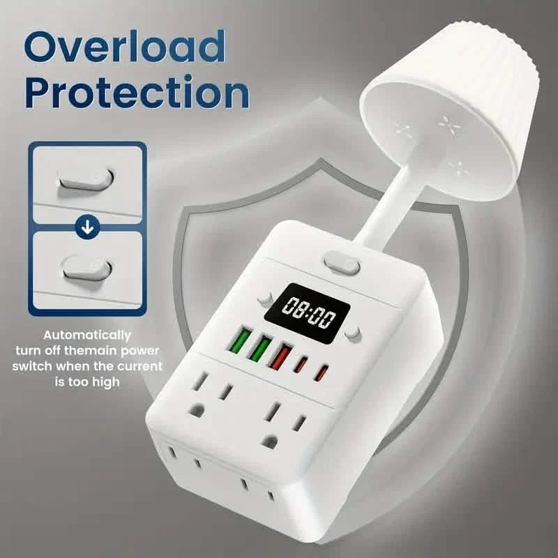 Multiprise multifonction 11-en-1 avec lampe de bureau, horloge, ports USB et protection contre les surtensions