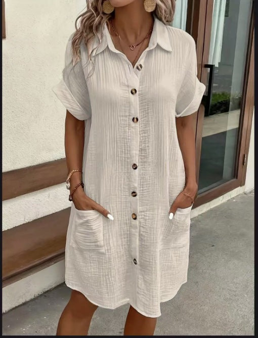 Robe Chemise Midi Décontractée ample à Manches Courtes pour Femme – Boutonnée