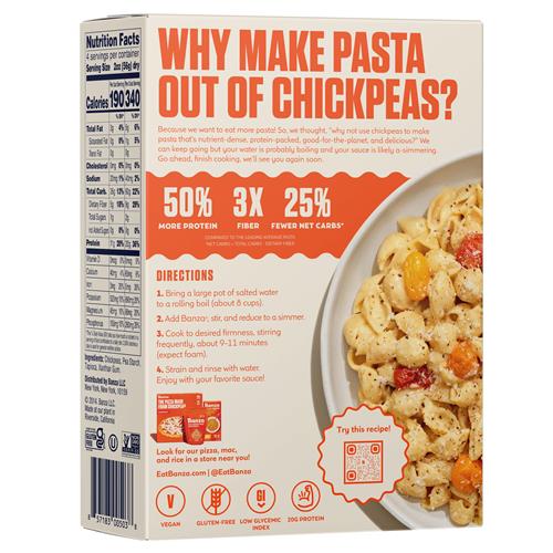 Pâtes en coquillettes Banza à base de pois chiches - Sans gluten, riches en protéines et à faible teneur en glucides, pâtes de pois chiches en coquillettes protéinées - 227g