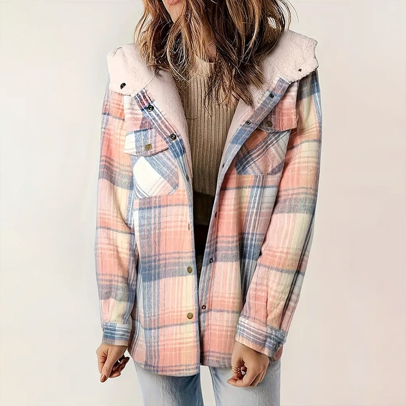 Veste boutonnée à manches longues à carreaux pour femme
