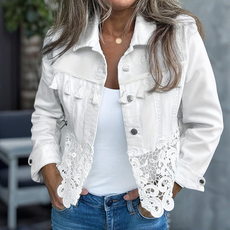 Manteau Femme Évidé Patchwork à Pompom – Veste à Col Revers Boutonnée à Manches Longues