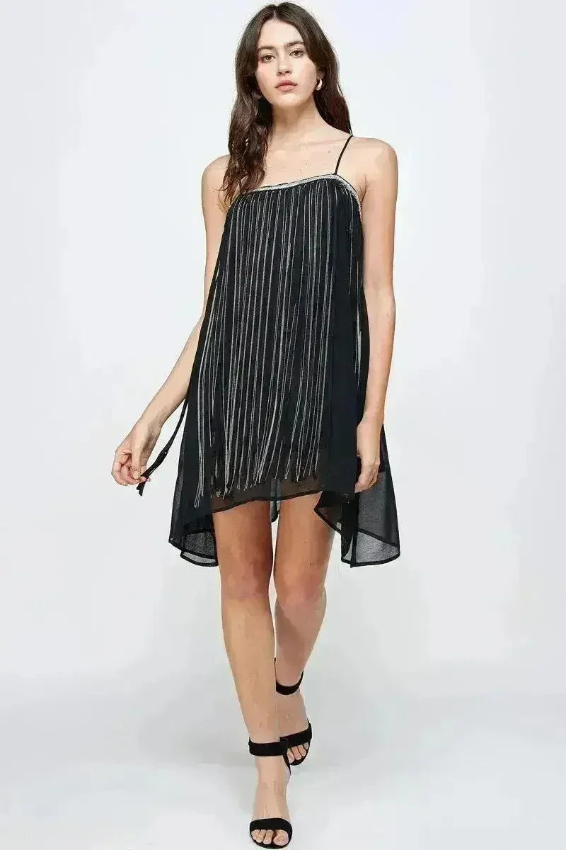 Robe courte trapèze en mousseline frangée métallique - Femstylo