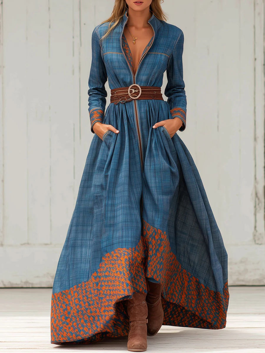 Robe longue à col montant, motif floral à blocs de couleur