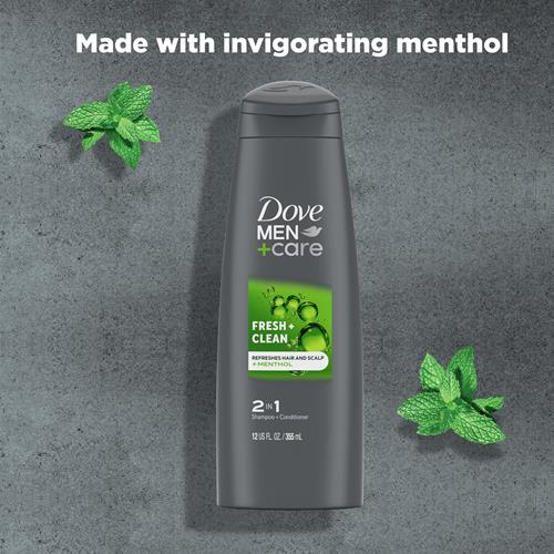Dove Men+Care Shampoing et revitalisant fortifiants 2 en 1 Fraîcheur et propreté à la caféine pour cheveux normaux à gras Aide à renforcer et nourrir les cheveux 355 ml