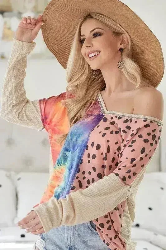 Haut BiBi Print Block col en V avec surpiqûres contrastantes
