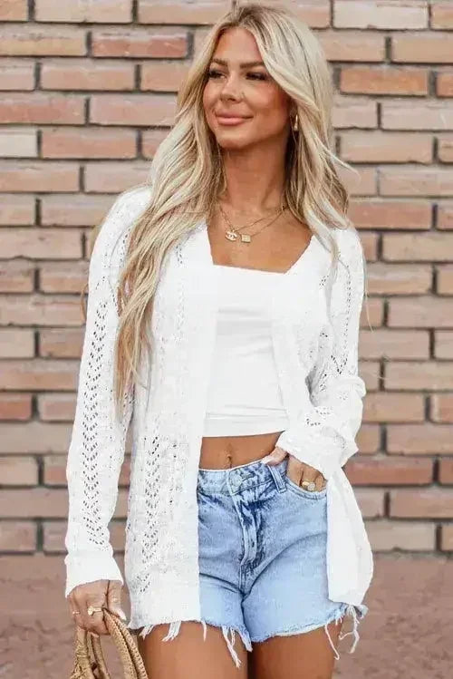 Cardigan blanc en maille ajourée – léger et lavable en machine | Femstylo