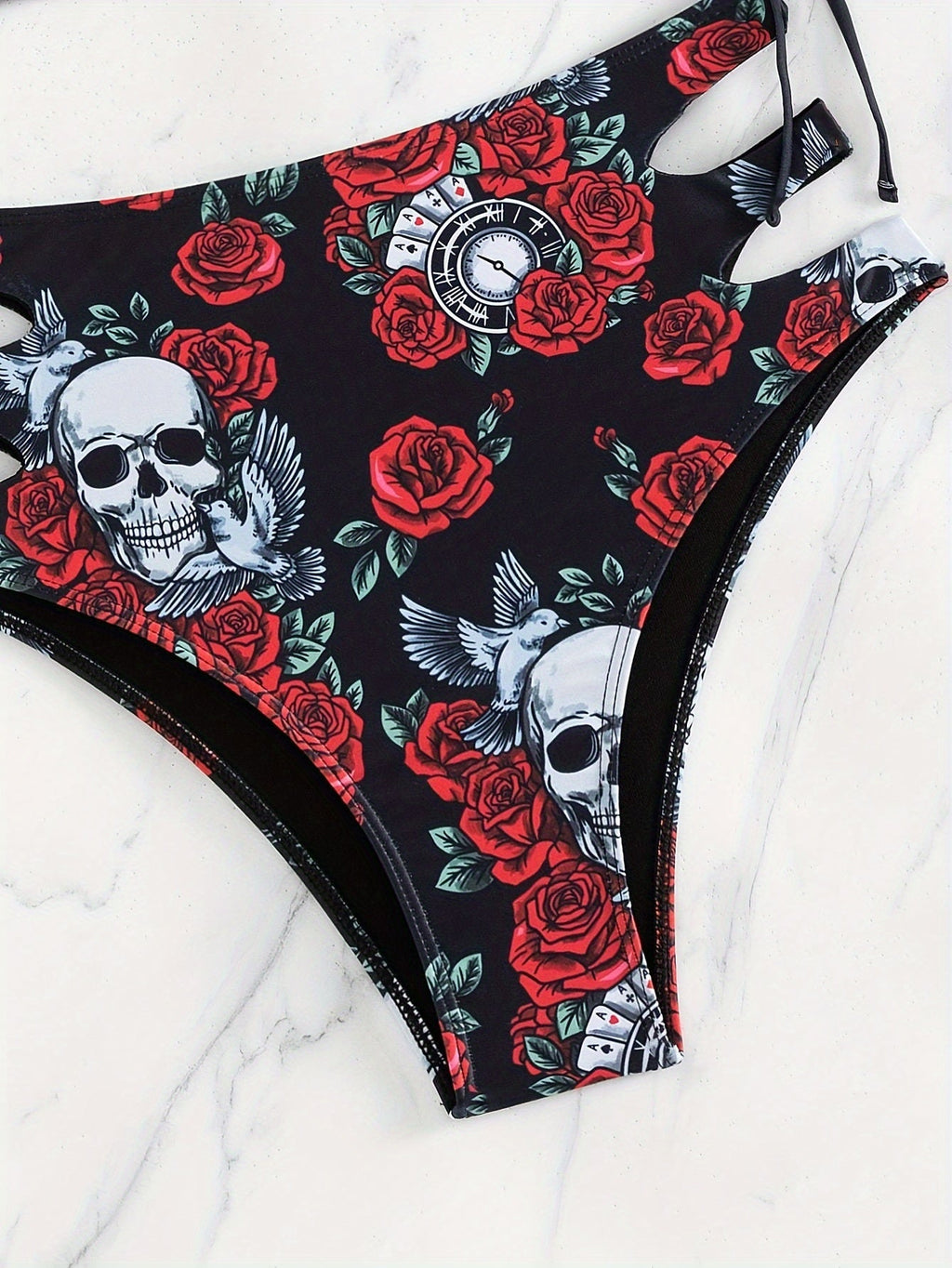 Maillot de Bain 2 Pièces Bikini Imprimé Tête de Mort Creux pour Femme – Maillot de Bain Nœud Papillon Floral Sexy à Lacets avec Col Rond – Ensemble Bikini Extensible Thème Halloween pour Fête à la Plage, Festival et Vacances d'Été