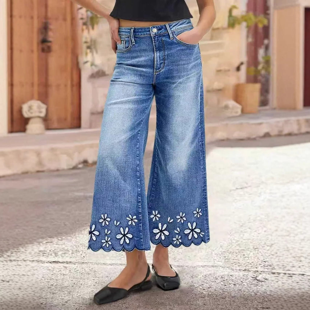 Jean en denim brodé de chrysanthèmes – Coupe droite ample pour femme