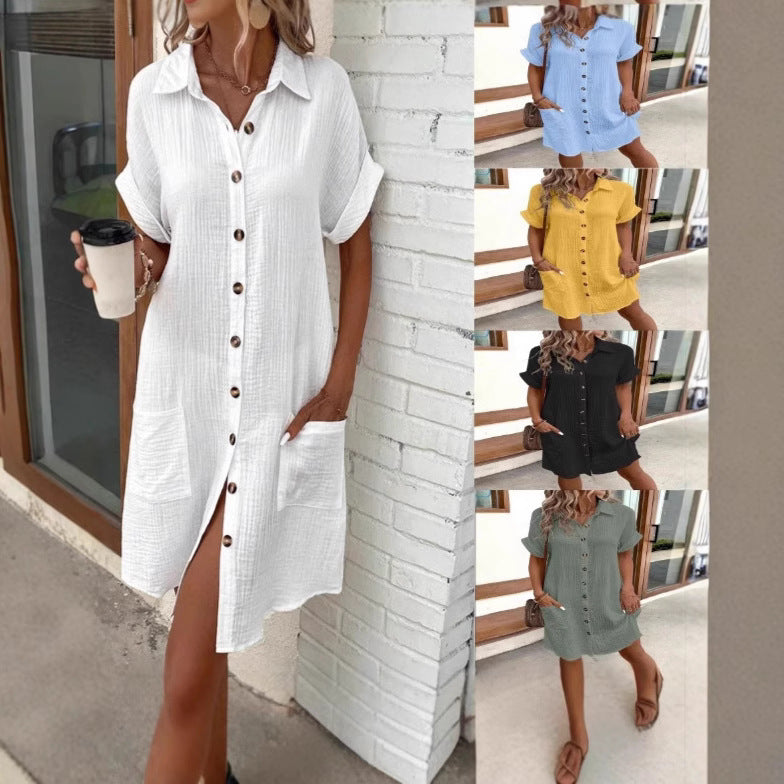 Robe Chemise Midi Décontractée ample à Manches Courtes pour Femme – Boutonnée