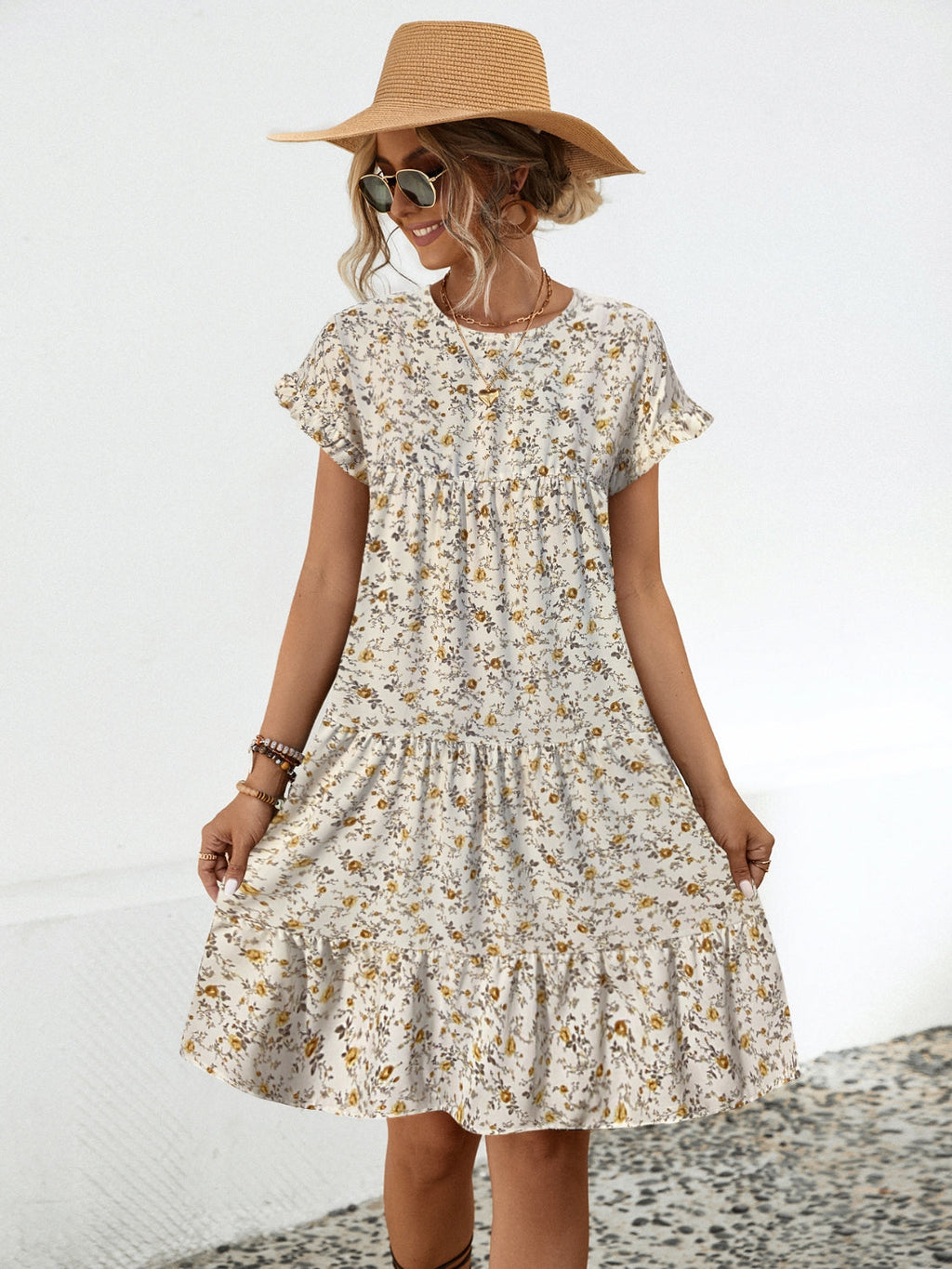 Robe Fleurie Col Rond Manches Courtes Élégante et Décontractée pour Tous les Jours Robe Femme