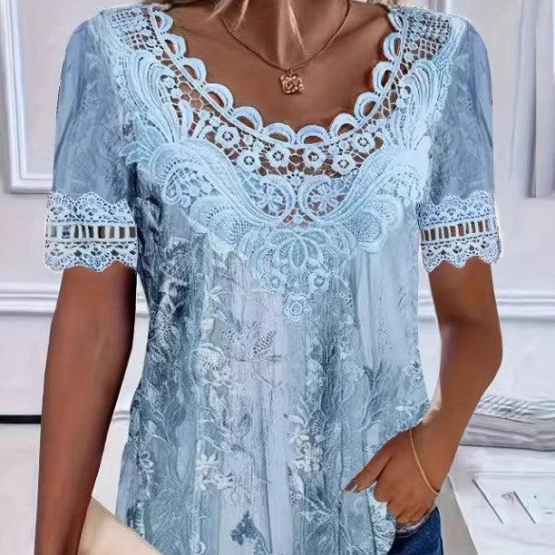 T-shirt à manches courtes et col rond en dentelle patchwork pour femme