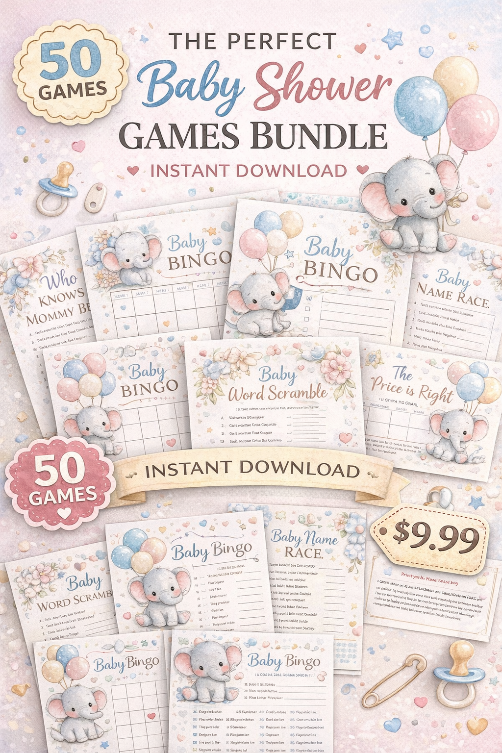 Pack de 50 jeux imprimables pour baby shower – Thème Petit Éléphant