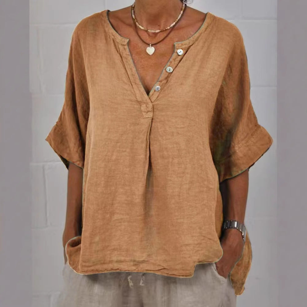 Chemise boutonnée en coton et lin à col en V pour femme